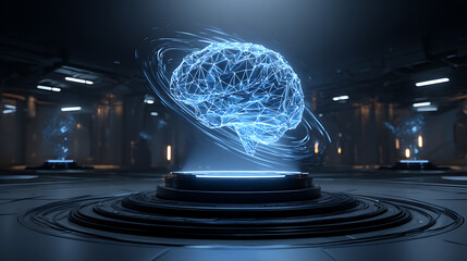 Glowing polygonal brain hologram in futuristic laboratory technology
