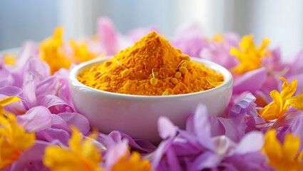 Turmeric powder in white bowl surrounded by flowers