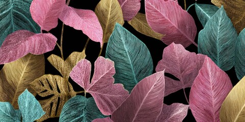 Vibrant, textured leaves in shades of pink, gold, and teal on a black background