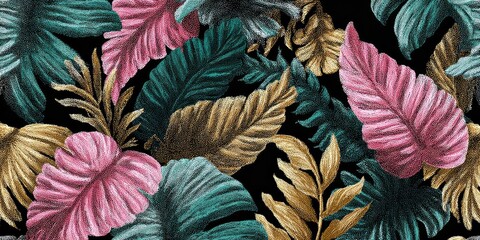 Tropical leaf pattern with vibrant colors on black background