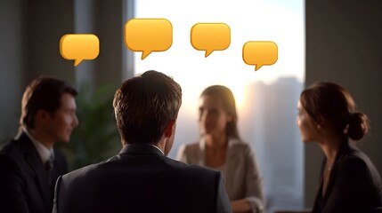 Abstract speech bubble icons symbolize communication and ideas during a business meeting among professionals