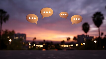 Golden speech bubbles float above a blurred cityscape at vibrant sunset twilight