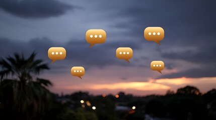 Orange speech bubble icons hover in a twilight sky over a blurred cityscape symbolizing digital communication and conversation
