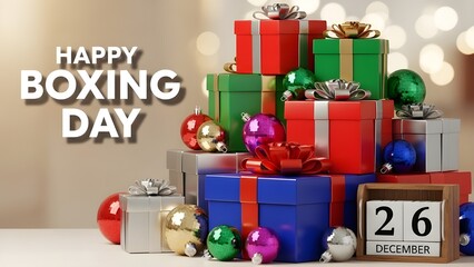 "Happy Boxing Day" text with stack of colorful gift boxes, Christmas ornaments, and festive bokeh background.