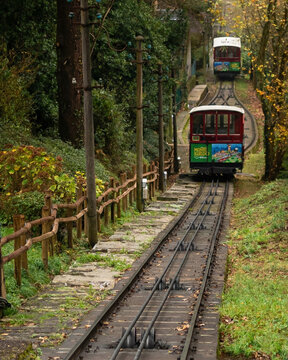 SAN SEBASTIAN, SPAIN &ndash; DECEMBER 16, 2025: Historic Monte Igueldo funicular railway climbing the hill.