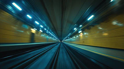 Poster de jardin Tunnel Dynamic motion blur scene view from underground subway train speeding in tunnel with glowing neon lights  © swillklitch