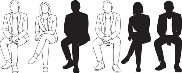Sitting Figures Line Art and Solid Silhouettes