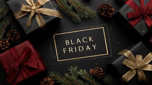 Black friday sale with gift boxes and pine cones on black background