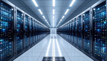 Rows of server racks in a sterile, well-lit server room, creating a perspective view towards a distant doorway