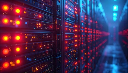 Rows of servers glow with red and blue lights, receding into soft focus depth