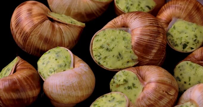 Close-up of traditional escargot in shells rotating on a plate, filled with vibrant green garlic herb butter. Gourmet French cuisine concept with rich texture and elegant presentation. Ideal for food 