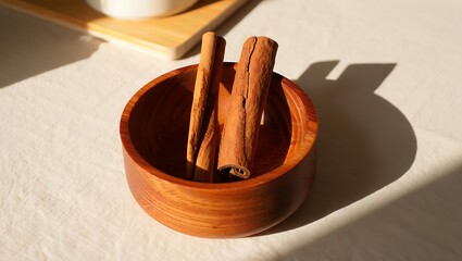 Cinnamon sticks in wooden bowl on white surface