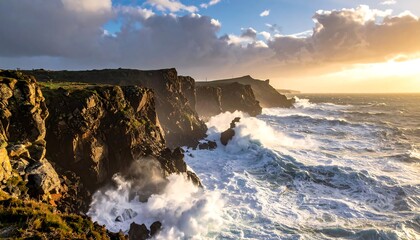 Rugged coast with waves crashing against cliffs under dramatic sky, lit by sunset