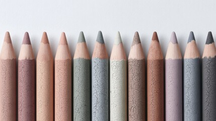 Neatly arranged colored crayons in soft pastel and neutral tones on white background. Minimalist flat lay showcasing texture, tips and color variety. Art supplies and creativity concept