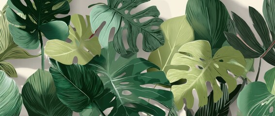 Vibrant tropical leaves in various shades of green and light green on a light background