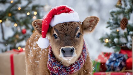 Cute calf wearing santa hat and scarf on christmas occasion