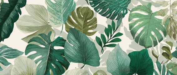Tropical leaves pattern in shades of green and beige
