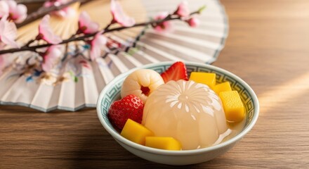 Refreshing Chinese Almond Jelly Dessert in Celadon Cup with Plum Blossom and Negative Space Above