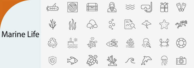 marine life and ocean icons, minimal line vector symbol set