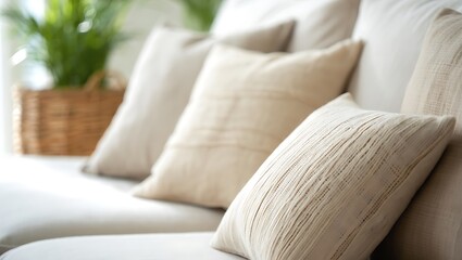 Comfortable white sofa with pillows in a cozy living room