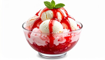 Strawberry ice cream sundae with red syrup topping