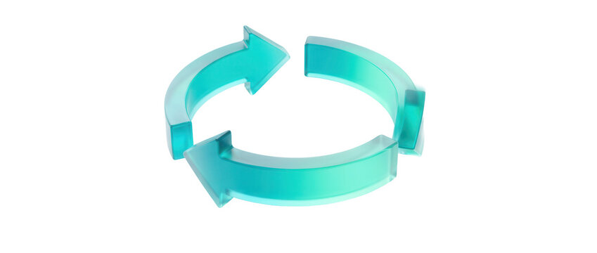 Looping, circular data flow arrows with a continuous, rotating motion and a vibrant, translucent teal gradient, a 3D glassmorphism arrow icon set isolated on white