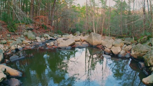 A tranquil, wide-angle shot of a pool at the base of Glendale Falls, one of Massachusetts' longest and tallest waterfall runs. The image captures the natural beauty of the rocky Glendale Brook as it p