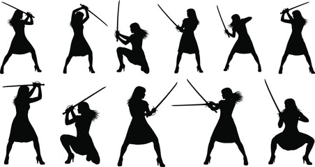 Woman with sword silhouettes set, vector illustration of a female warrior, action poses, fighter with katana, isolated collection, fighting stances.