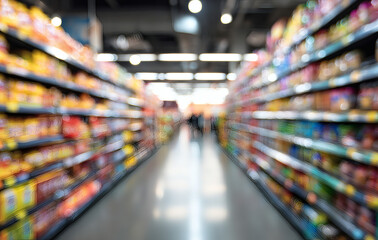 Blurred Supermarket Aisle with Colorful Grocery Shelves Retail Background