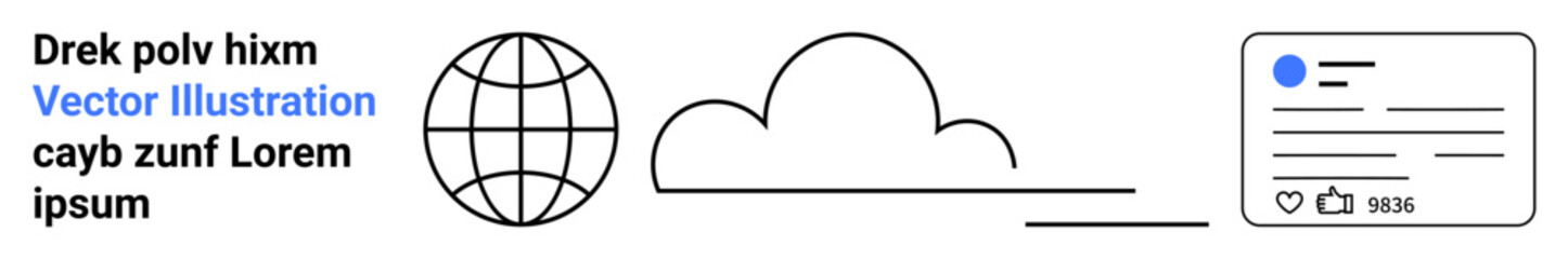 Cloud storage, networking, social communication, internet technology, data sharing, global connectivity. A globe, cloud and a social media card conceptually arranged. Cloud storage and networking
