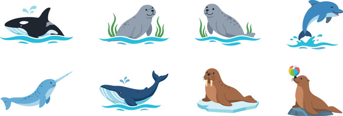 Cartoon marine animals illustrations set