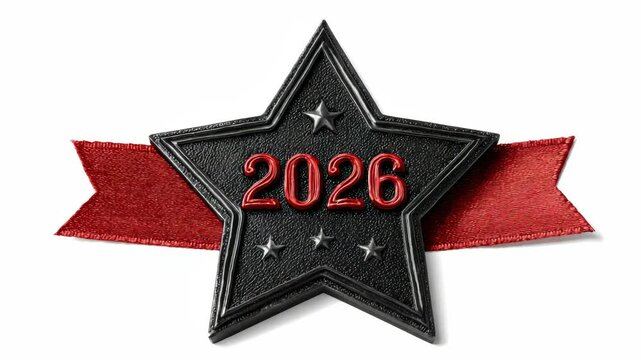 2026 star emblem with red ribbon background