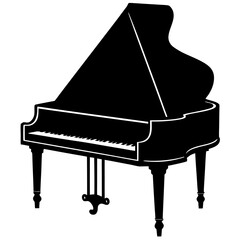 A 3D illustration of a classic black grand piano and white musical keys on a vector background, featuring a melody of music notes for a classical jazz concert or art entertainment
