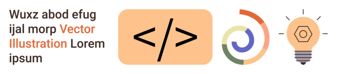 Web development, coding concepts, data visualization, creativity, software development, innovation. Centered coding symbol, chart geometric hexagon bulb. Web development and creativity