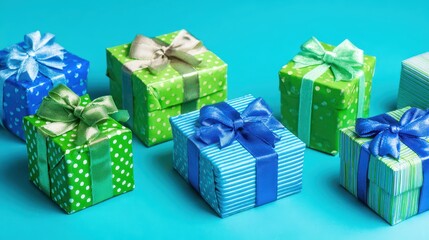 Vibrant Birthday Gifts Wrapped with Ribbons on a Bright Blue Backdrop for Festive Celebrations