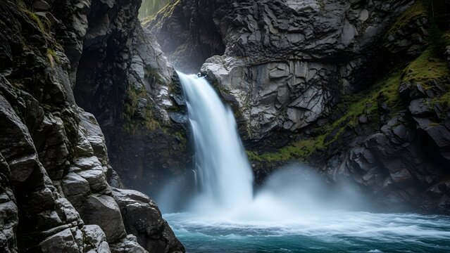 Majestic Waterfall in Mountain Gorge Natural Scenery - Powered by Adobe