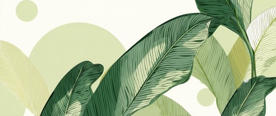 Abstract graphic design of tropical leaves with muted colors and circles