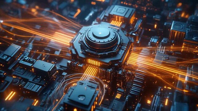 Abstract Futuristic Circuit Board with Glowing Orange Energy Flows and Central Processor
