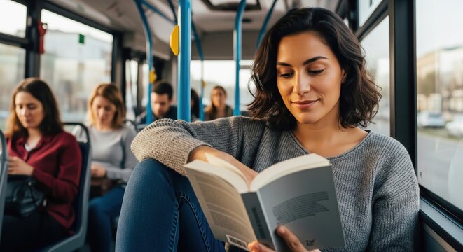 Young woman reading a book while commuting on a crowded public bus.