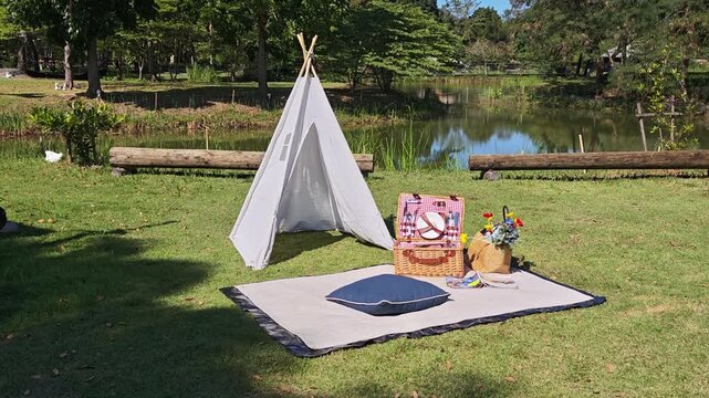 A teepee tent made of raw cloth in the middle of the forest.