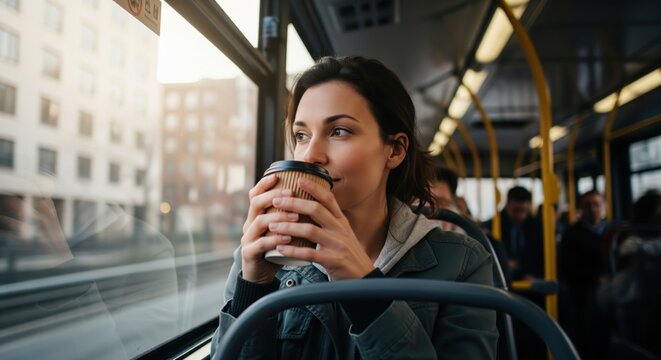 Young woman drinking coffee and looking out the window while riding on a city bus