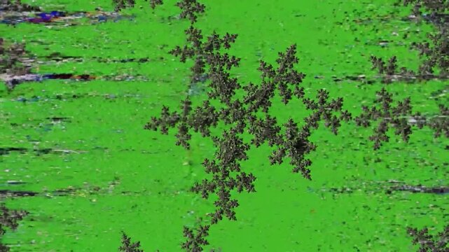 Glitching fractals dissolve with blocky pixelation forming and dissolving effect green screen data corruption effects style featuring