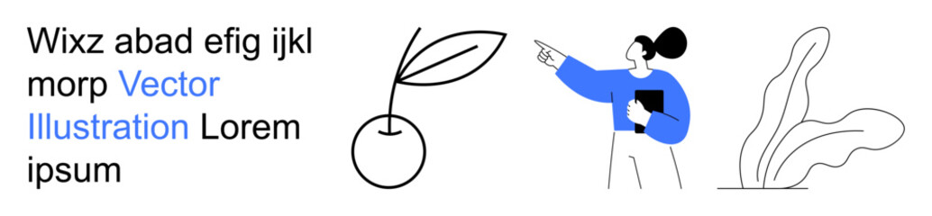 Business strategy, growth, teamwork, digital communication, analysis, inspiration. Woman with a clipboard pointing at a leaf and text. Business strategy and growth concept