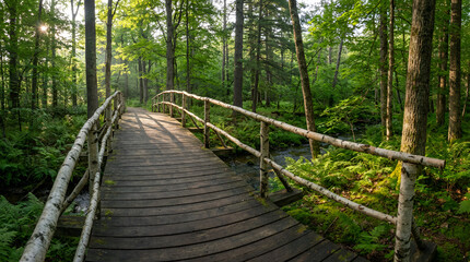 Obraz premium Serene forest bridge over stream with lush greenery and sunlight