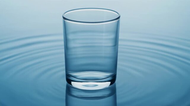 Conceptual sequence of an empty glass touching a water surface and creating concentric ripples. Minimalist blue banner representing purity, clarity and cause and effect