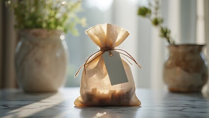 Gift bag with tag on table near window