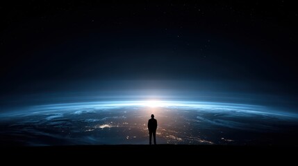 Fototapeta premium Majestic View of Earth from Space with Silhouette of a Traveler Gazing at Sunrise Over Planet Horizon and Stars in the Background
