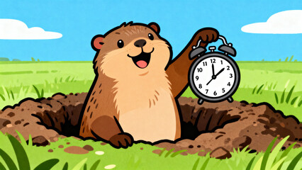 Cartoon groundhog holding an alarm clock, smiling from its burrow on a sunny day
