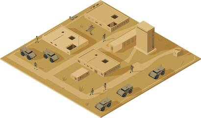 Desert Military Base Isometric Vector Illustration &mdash; Army Camp with Vehicles and Soldiers
