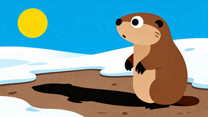Cartoon groundhog looking at its shadow on sunny winter day